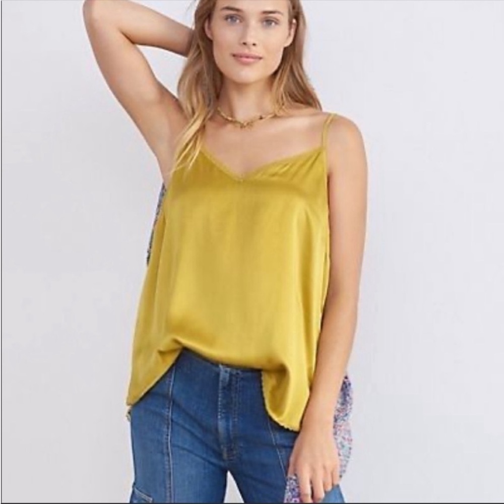 Anthropologie Colette Silk Lace Trim Cami Tank Yellow V Neck Sleeveless Medium